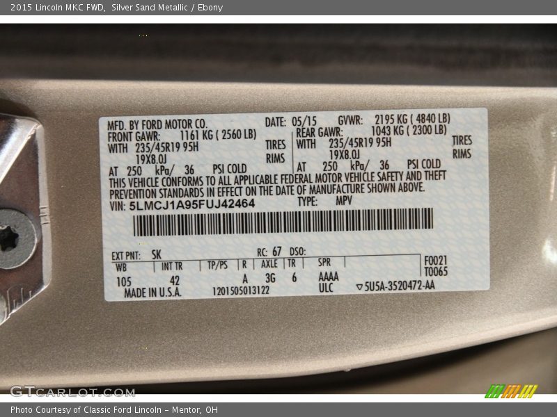Silver Sand Metallic / Ebony 2015 Lincoln MKC FWD