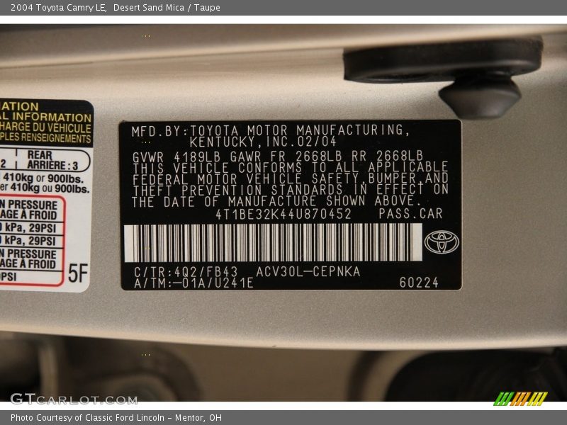 Desert Sand Mica / Taupe 2004 Toyota Camry LE