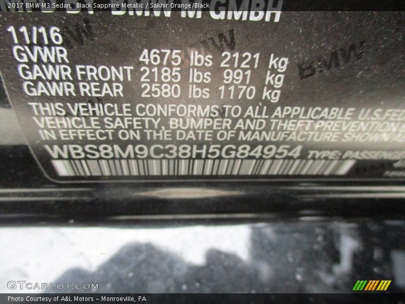 Black Sapphire Metallic / Sakhir Orange/Black 2017 BMW M3 Sedan