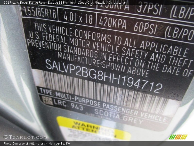 2017 Range Rover Evoque SE Premium Scotia Grey Metallic Color Code 943