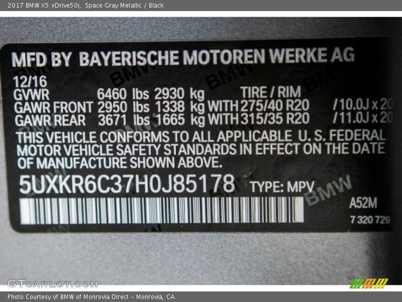 2017 X5 xDrive50i Space Gray Metallic Color Code A52