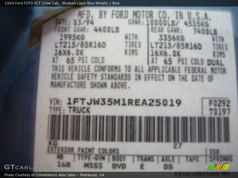 Medium Lapis Blue Metallic / Blue 1994 Ford F350 XLT Crew Cab