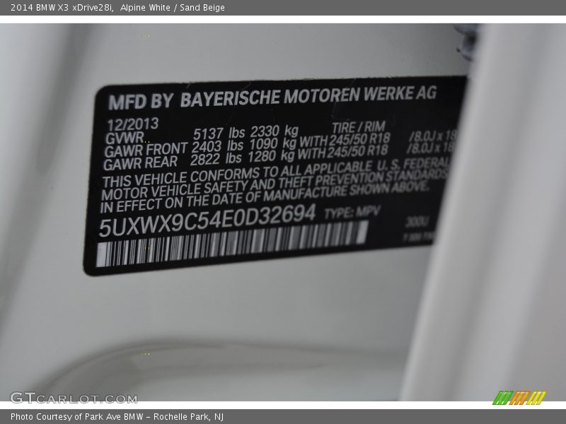 Alpine White / Sand Beige 2014 BMW X3 xDrive28i