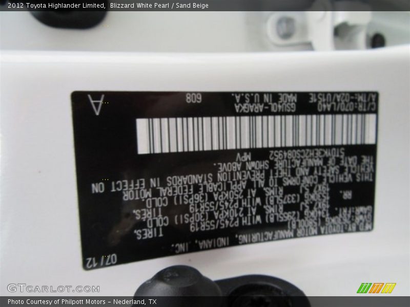 Blizzard White Pearl / Sand Beige 2012 Toyota Highlander Limited