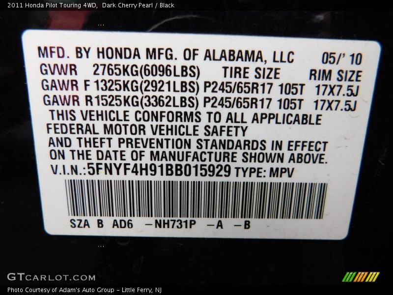 Dark Cherry Pearl / Black 2011 Honda Pilot Touring 4WD