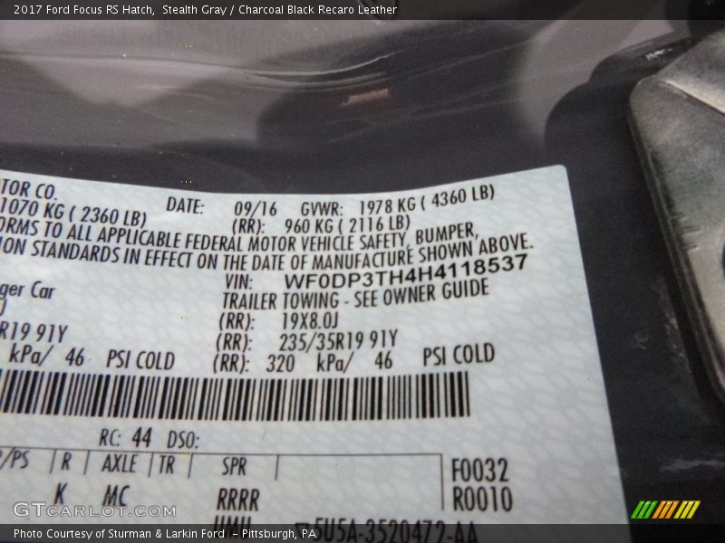 Stealth Gray / Charcoal Black Recaro Leather 2017 Ford Focus RS Hatch