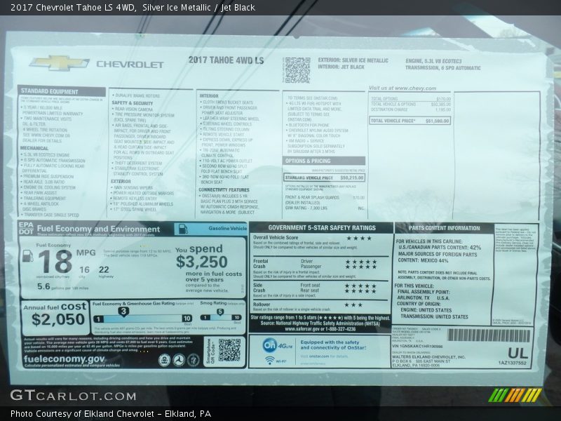 Silver Ice Metallic / Jet Black 2017 Chevrolet Tahoe LS 4WD