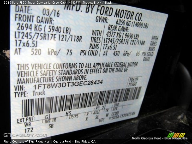 Shadow Black / Black 2016 Ford F350 Super Duty Lariat Crew Cab 4x4 DRW