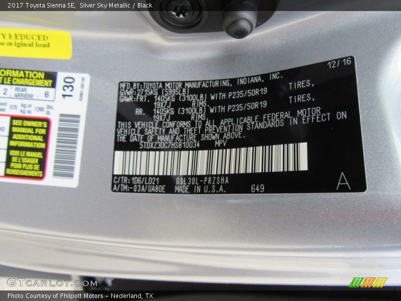 2017 Sienna SE Silver Sky Metallic Color Code 1D6