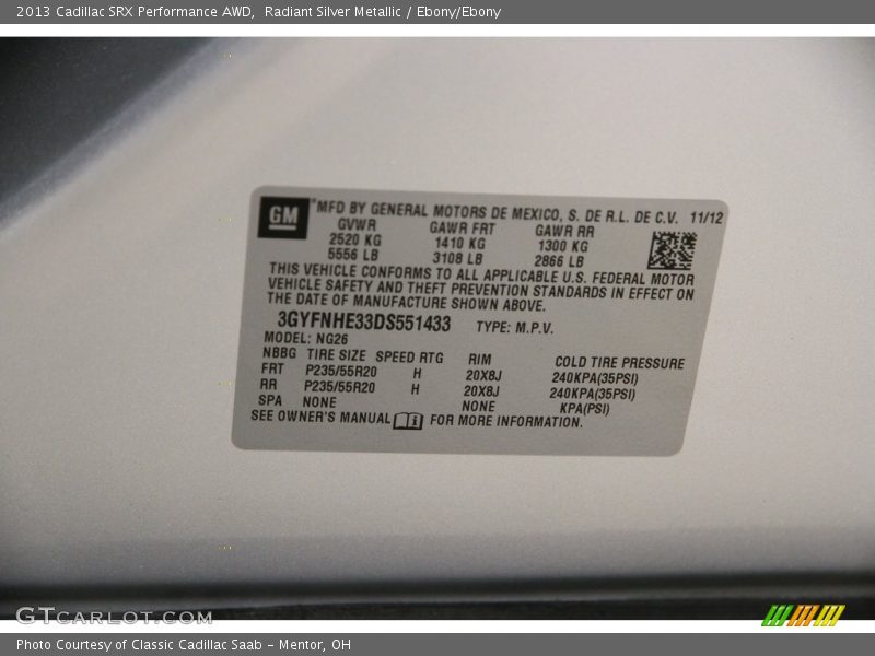 Radiant Silver Metallic / Ebony/Ebony 2013 Cadillac SRX Performance AWD