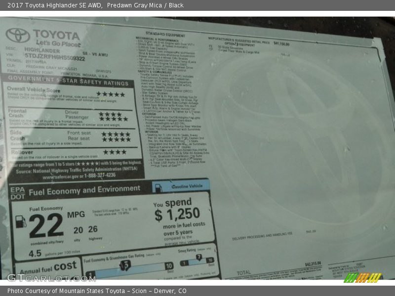 Predawn Gray Mica / Black 2017 Toyota Highlander SE AWD
