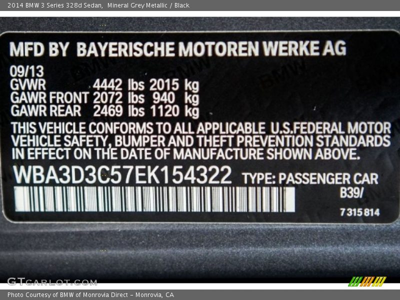 Mineral Grey Metallic / Black 2014 BMW 3 Series 328d Sedan
