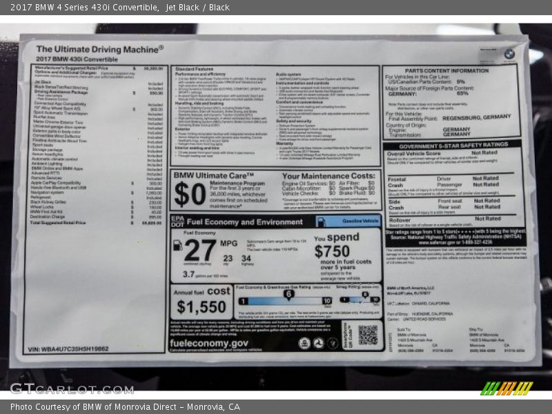  2017 4 Series 430i Convertible Window Sticker
