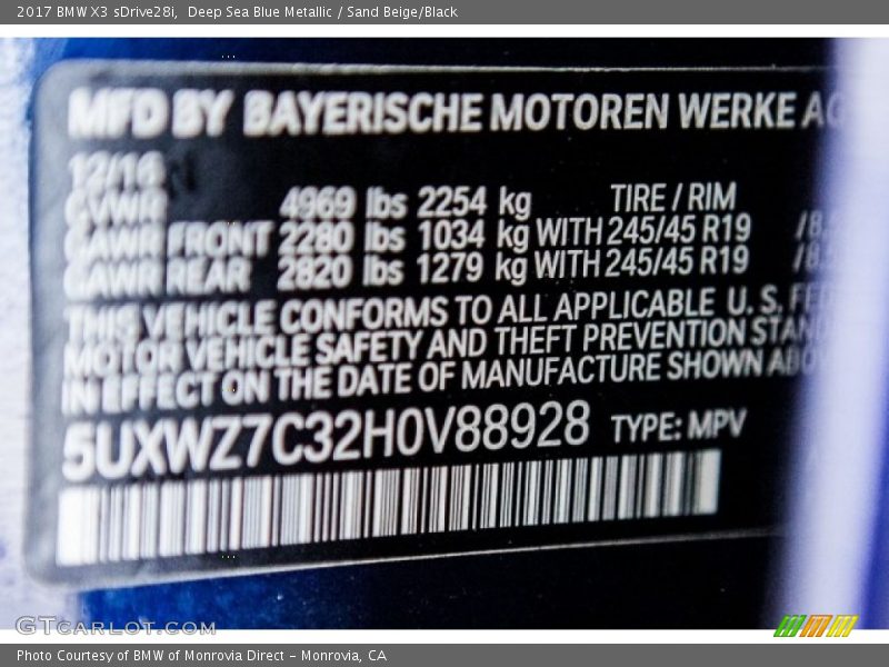 Deep Sea Blue Metallic / Sand Beige/Black 2017 BMW X3 sDrive28i