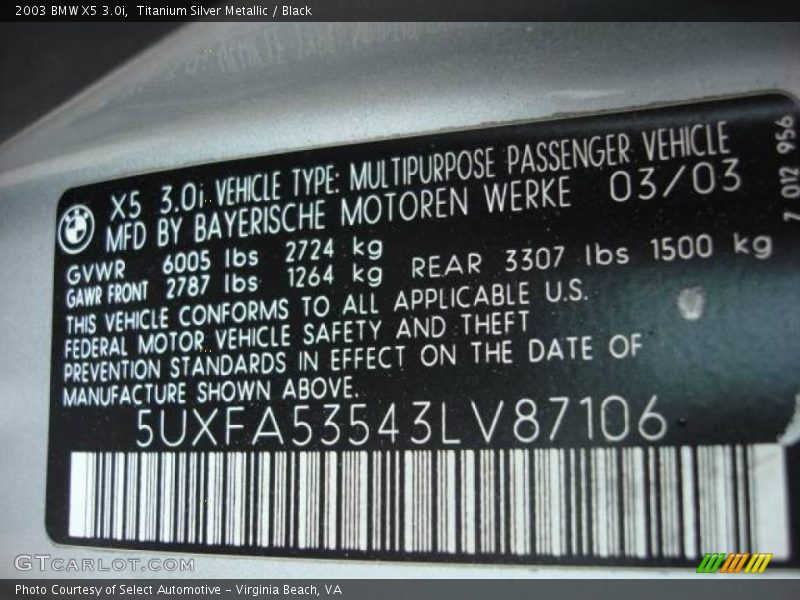 Titanium Silver Metallic / Black 2003 BMW X5 3.0i