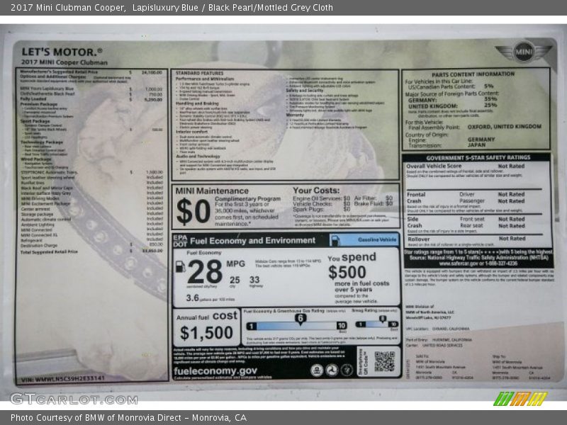  2017 Clubman Cooper Window Sticker