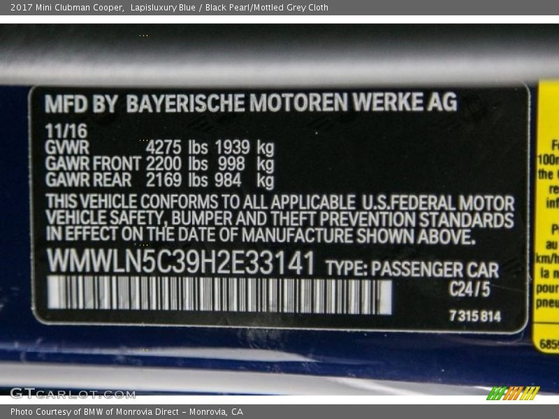 2017 Clubman Cooper Lapisluxury Blue Color Code C24