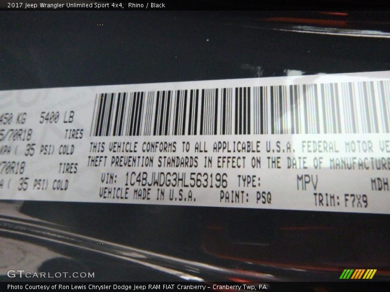 Rhino / Black 2017 Jeep Wrangler Unlimited Sport 4x4