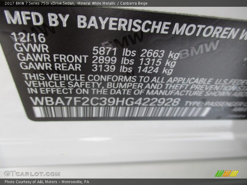 Mineral White Metallic / Canberra Beige 2017 BMW 7 Series 750i xDrive Sedan