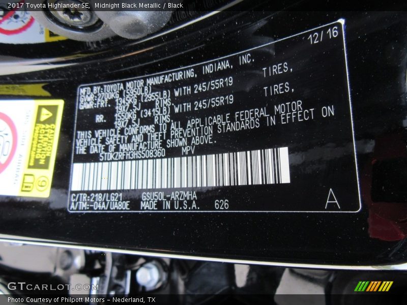 2017 Highlander SE Midnight Black Metallic Color Code 218
