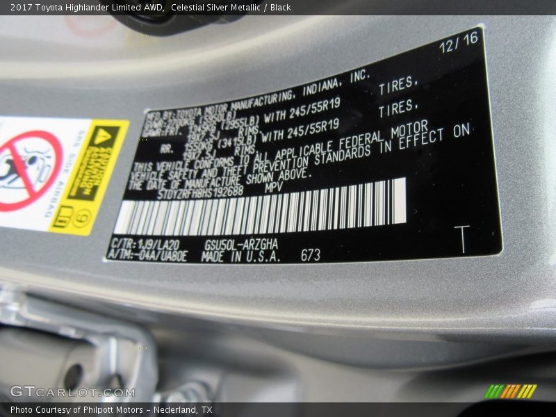 2017 Highlander Limited AWD Celestial Silver Metallic Color Code 1J9