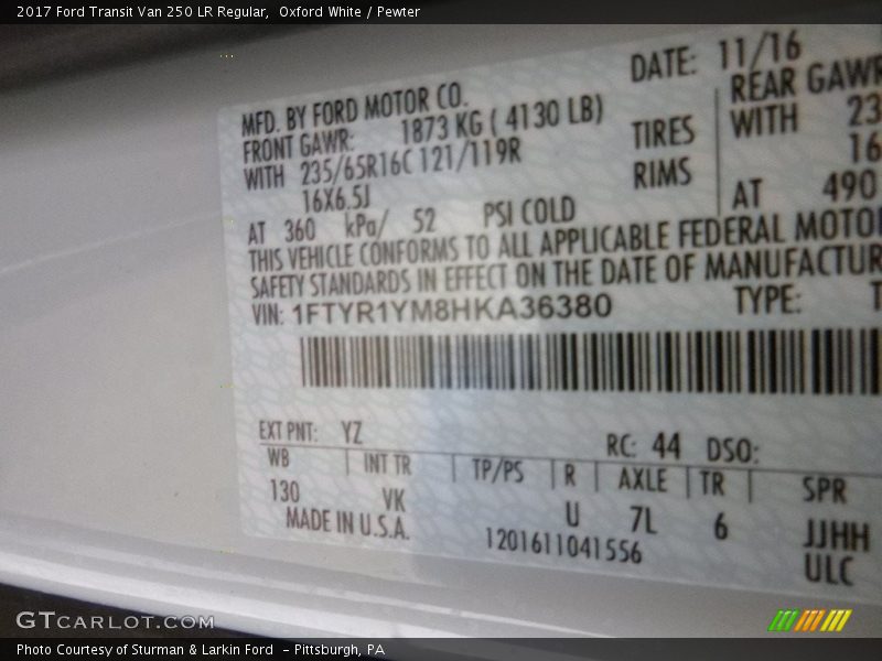 2017 Transit Van 250 LR Regular Oxford White Color Code YZ