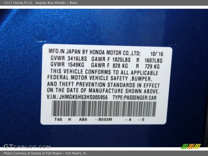 Aegean Blue Metallic / Black 2017 Honda Fit LX