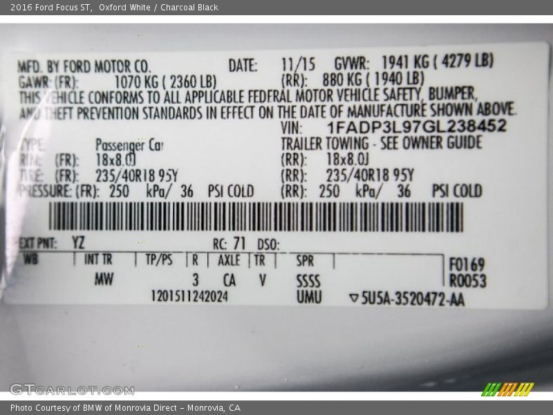 Oxford White / Charcoal Black 2016 Ford Focus ST