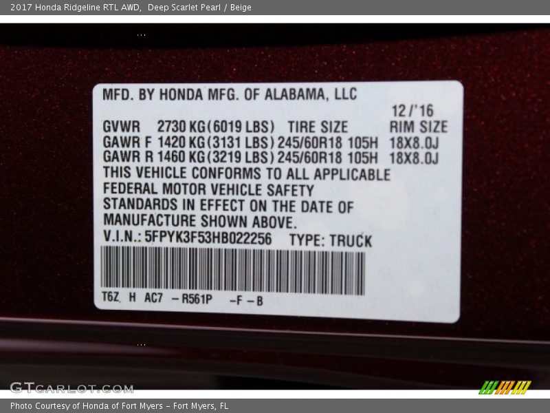 2017 Ridgeline RTL AWD Deep Scarlet Pearl Color Code R561P