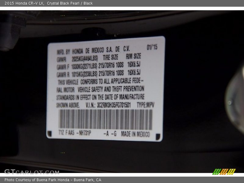 Crystal Black Pearl / Black 2015 Honda CR-V LX