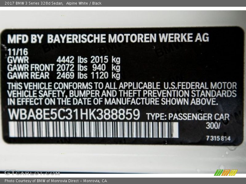 Alpine White / Black 2017 BMW 3 Series 328d Sedan