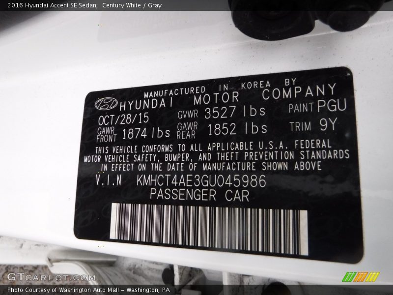 Century White / Gray 2016 Hyundai Accent SE Sedan