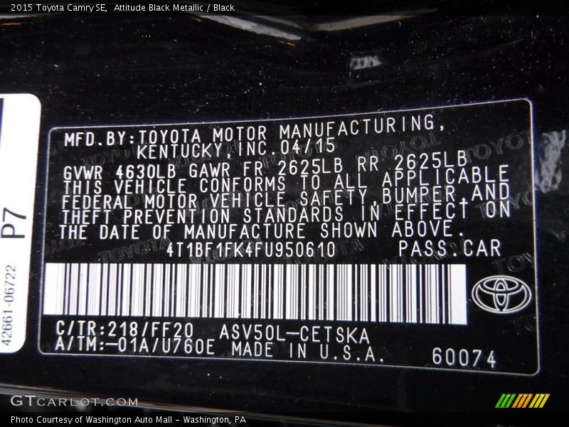2015 Camry SE Attitude Black Metallic Color Code 218