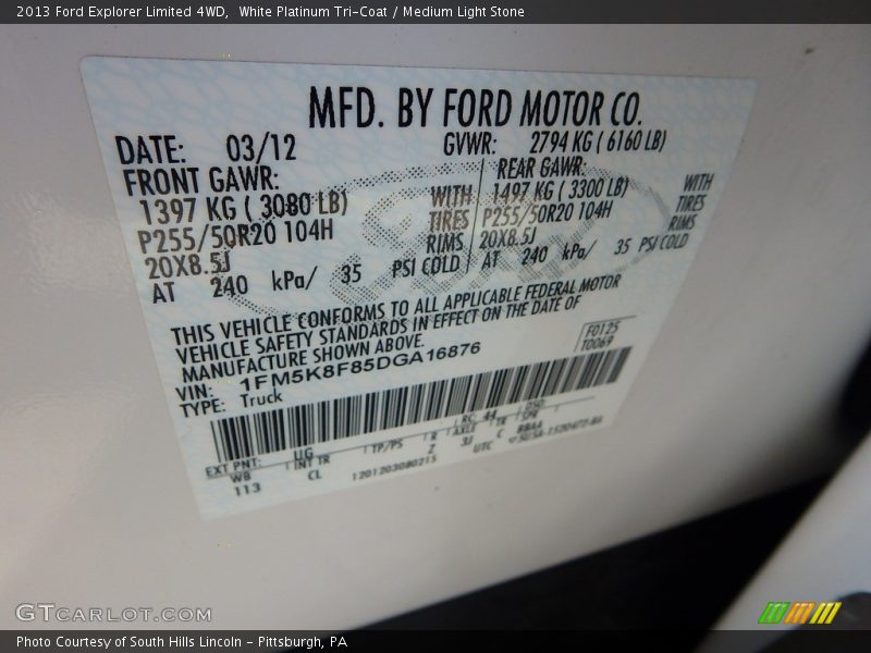 White Platinum Tri-Coat / Medium Light Stone 2013 Ford Explorer Limited 4WD