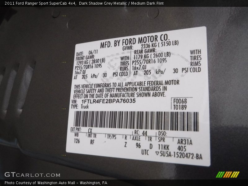 Dark Shadow Grey Metallic / Medium Dark Flint 2011 Ford Ranger Sport SuperCab 4x4