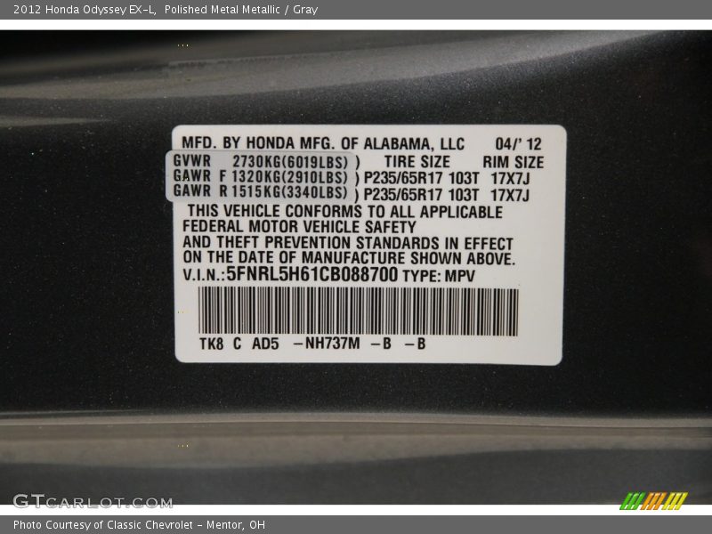 Polished Metal Metallic / Gray 2012 Honda Odyssey EX-L