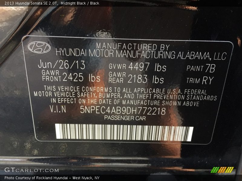 Midnight Black / Black 2013 Hyundai Sonata SE 2.0T