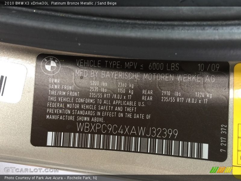 Platinum Bronze Metallic / Sand Beige 2010 BMW X3 xDrive30i