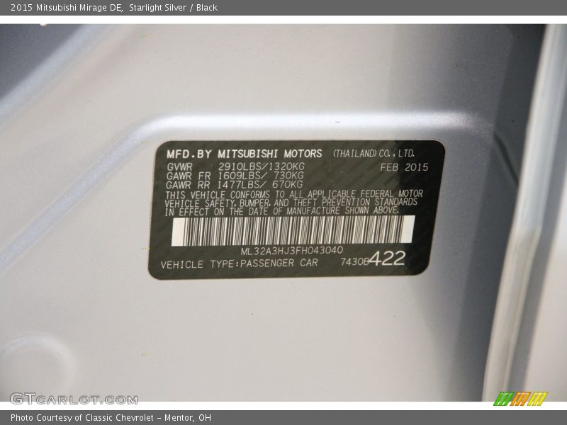 Starlight Silver / Black 2015 Mitsubishi Mirage DE