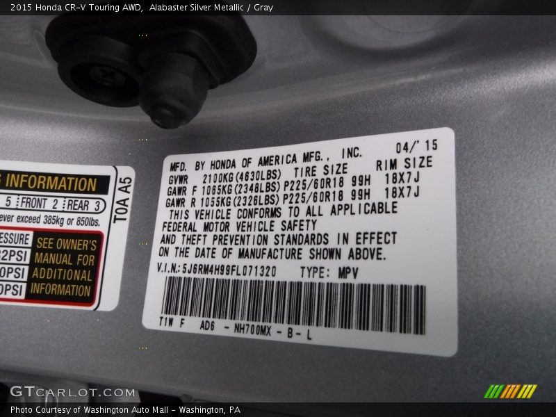 Alabaster Silver Metallic / Gray 2015 Honda CR-V Touring AWD