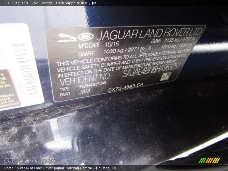 2017 XE 20d Prestige Dark Sapphire Blue Color Code JBM
