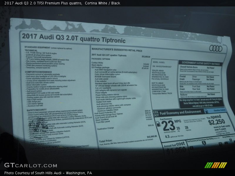  2017 Q3 2.0 TFSI Premium Plus quattro Window Sticker