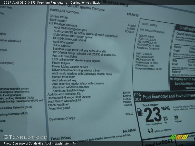  2017 Q3 2.0 TFSI Premium Plus quattro Window Sticker