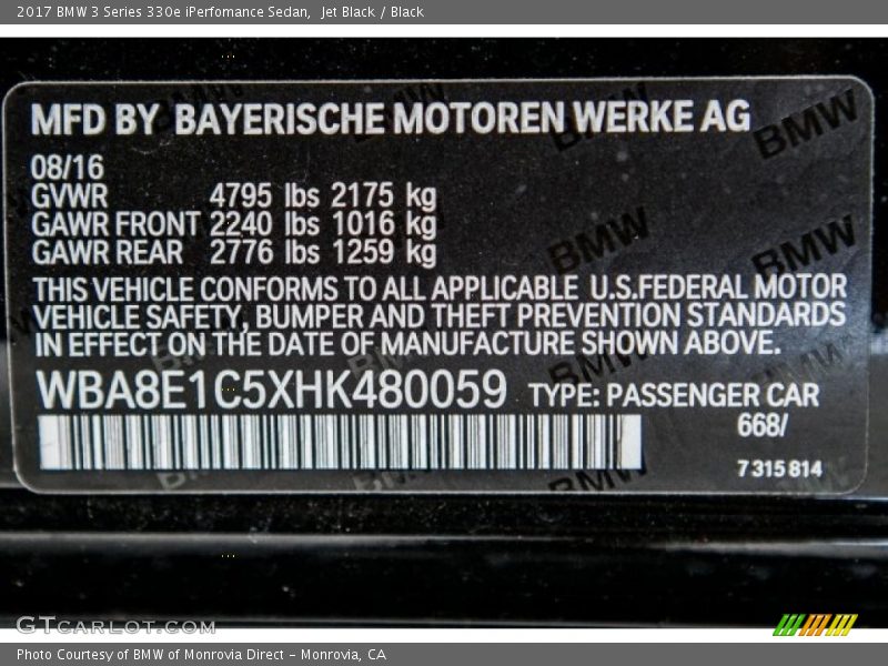 Jet Black / Black 2017 BMW 3 Series 330e iPerfomance Sedan
