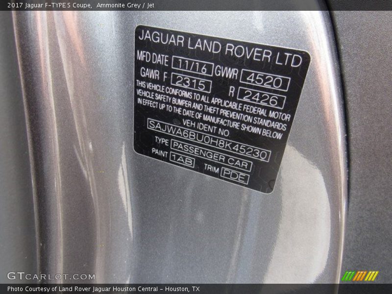 2017 F-TYPE S Coupe Ammonite Grey Color Code 1AB