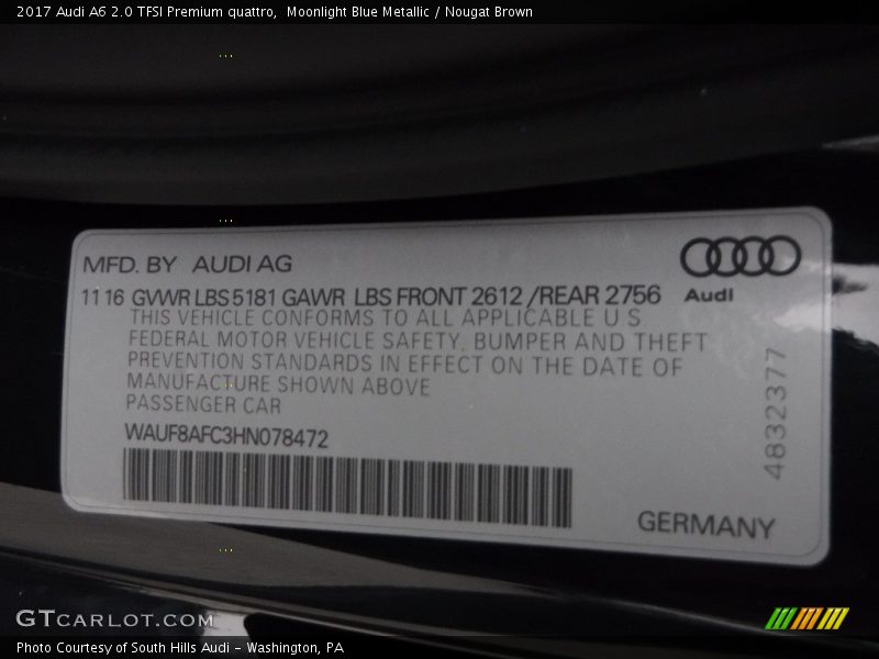 Moonlight Blue Metallic / Nougat Brown 2017 Audi A6 2.0 TFSI Premium quattro