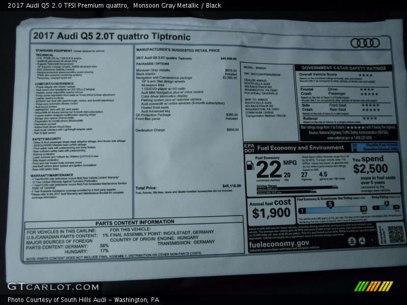 Monsoon Gray Metallic / Black 2017 Audi Q5 2.0 TFSI Premium quattro