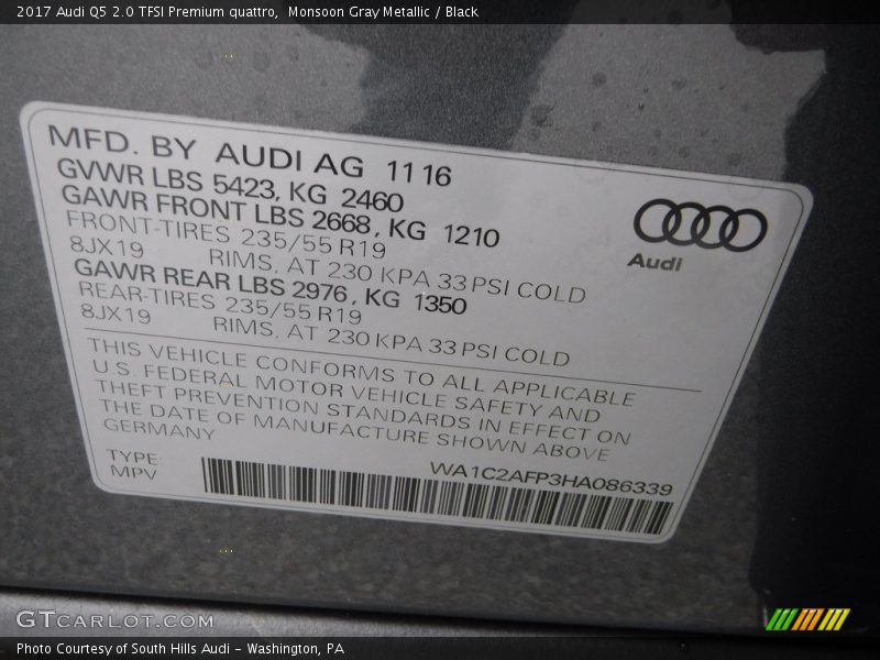 Monsoon Gray Metallic / Black 2017 Audi Q5 2.0 TFSI Premium quattro
