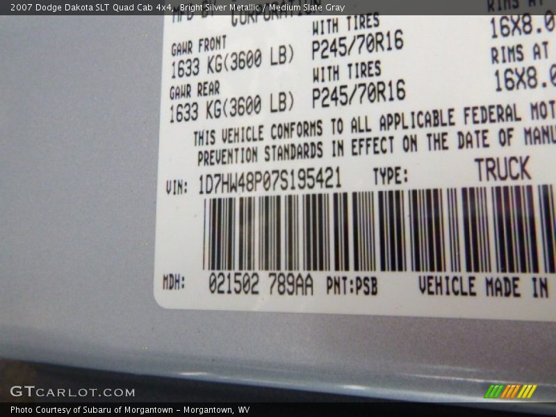 Bright Silver Metallic / Medium Slate Gray 2007 Dodge Dakota SLT Quad Cab 4x4