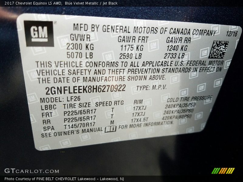 Blue Velvet Metallic / Jet Black 2017 Chevrolet Equinox LS AWD